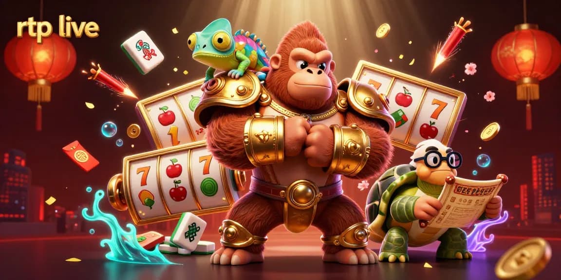Engage with rtp live in a vibrant casino scene featuring a gorilla king, chameleon spy, and tortoise elder.