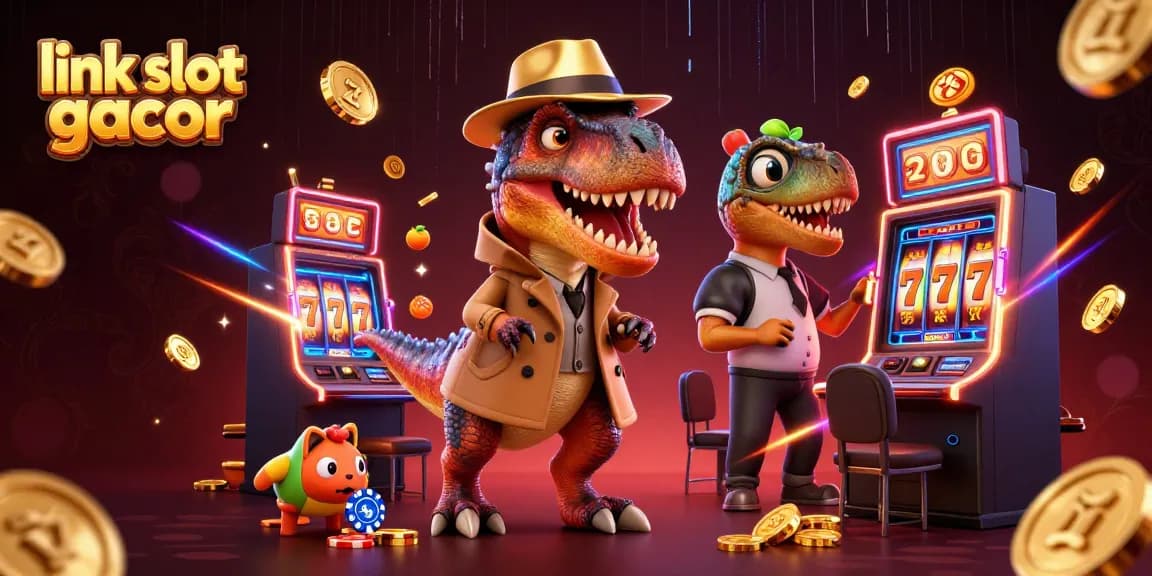 Engage with the thrilling action at the link slot gacor scene featuring a velociraptor at a slot machine.