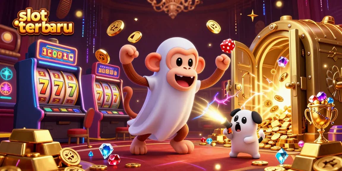 Experience the thrill of "slot terbaru" with a ghostly monkey juggling treasures in a vibrant casino.