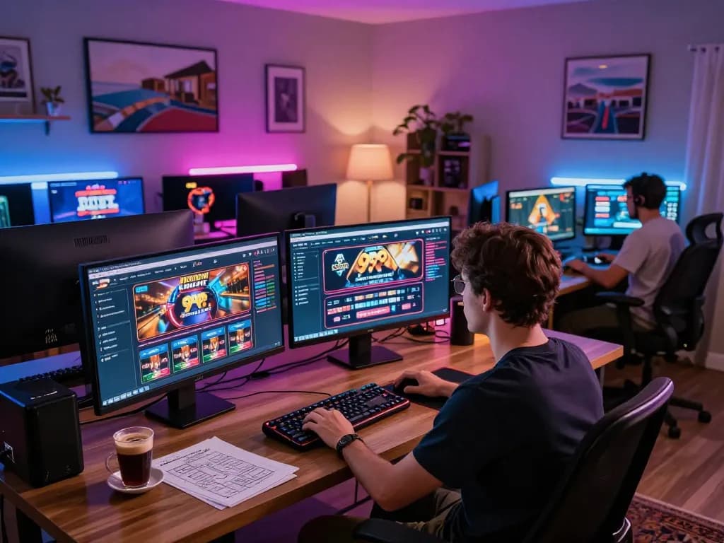 99win casino online gaming setup with dynamic screens showing poker and slots, showcasing strategic play.