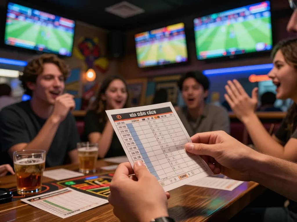 Exciting kèo nhà cái betting scene in a vibrant sports bar with live games on screens.