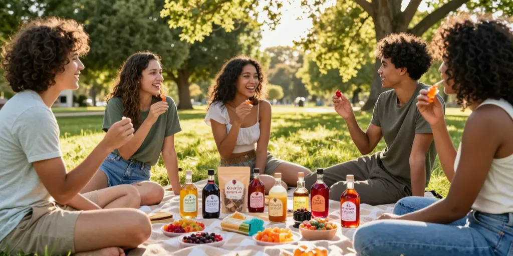 Friends enjoying Activist Edibles infused treats during a sunny picnic in the park.