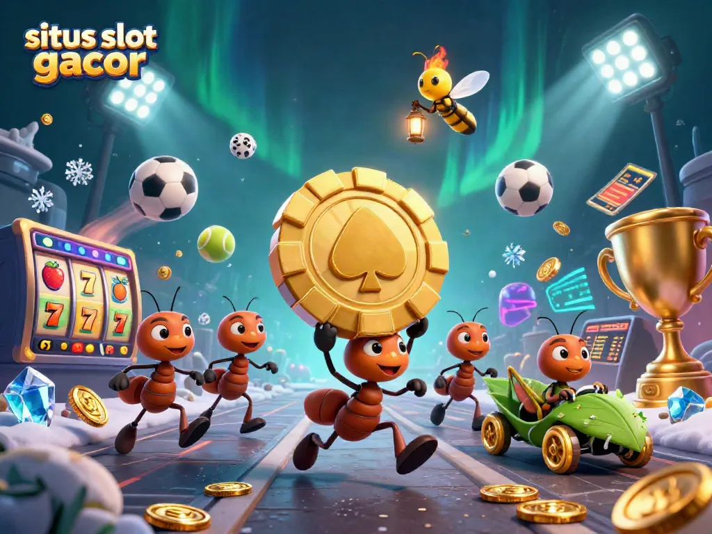 Geng semut kartun yang mencuri chip poker emas dalam situs slot gacor dengan berbagai elemen kasino.