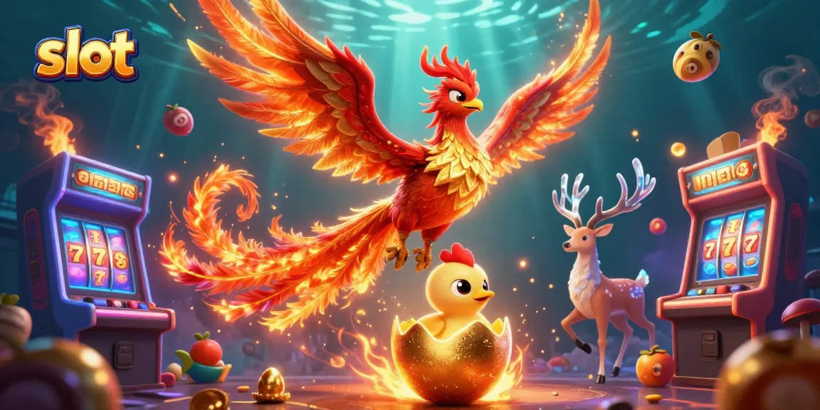 Spin the slot reels surrounded by fiery phoenixes and enchanted stag in vibrant 3D illustration.