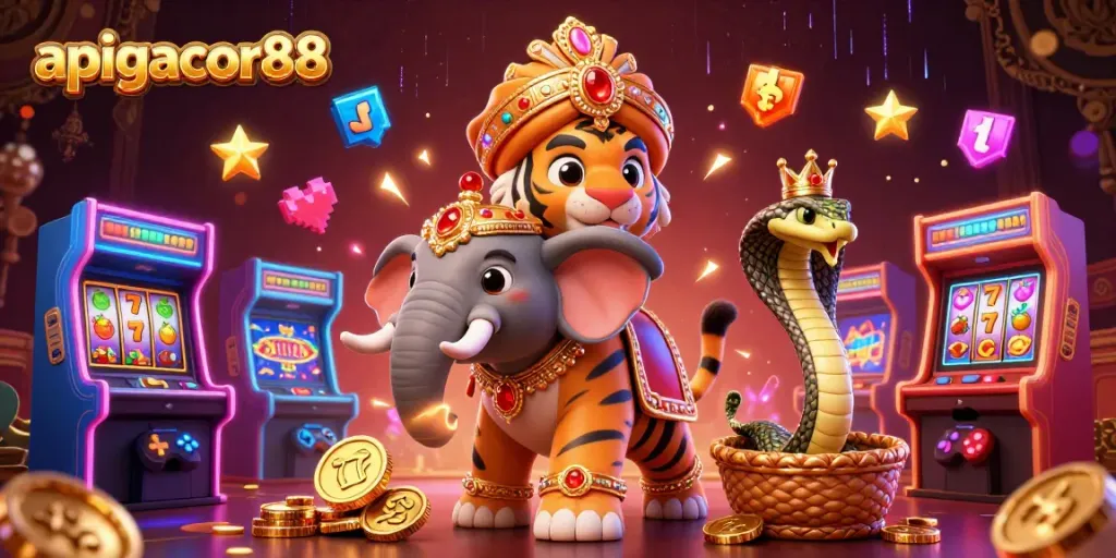 Spin and win at apigacor88 with a vibrant 3D casino scene featuring a maharaja and elephant.
