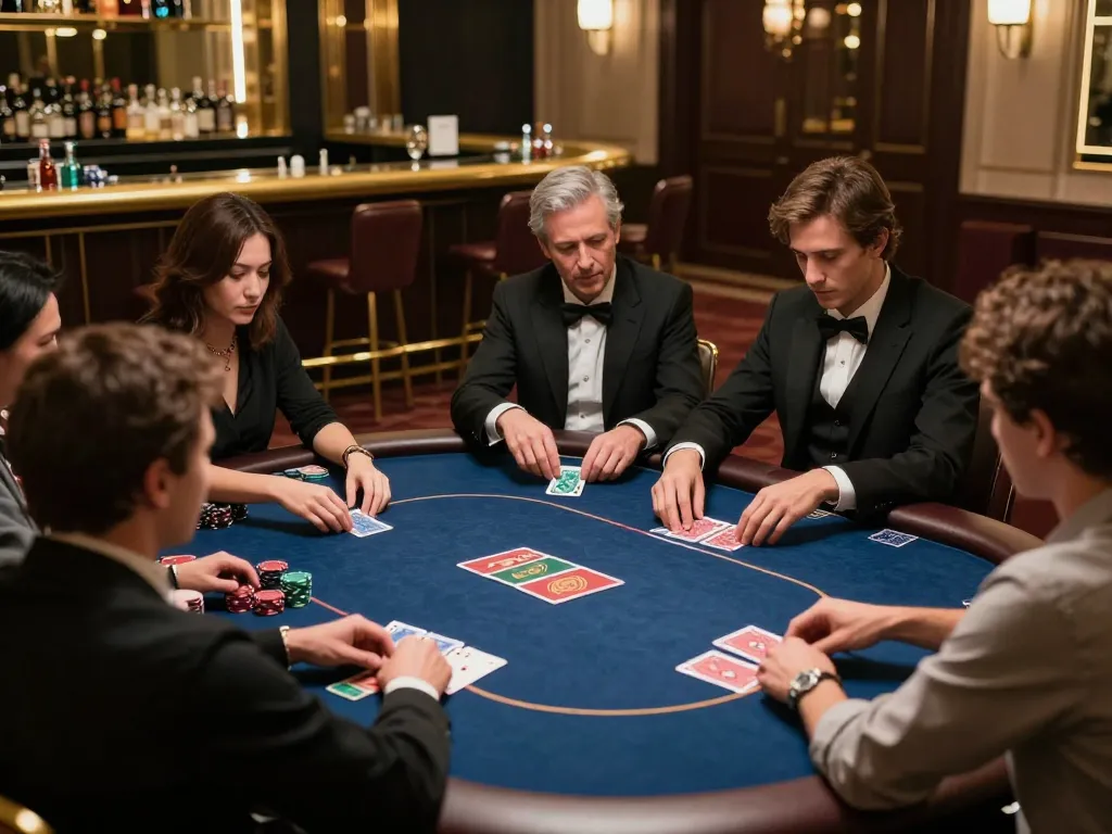 Players engaged in a high-stakes poker game at a luxurious casino, showcasing the strategic thrill of sunwin gaming.