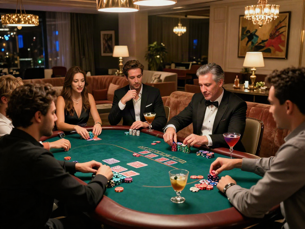 Gambaran kasino online luxury12 dengan pemain beragam di meja poker mewah, suasana elegan dan menegangkan.