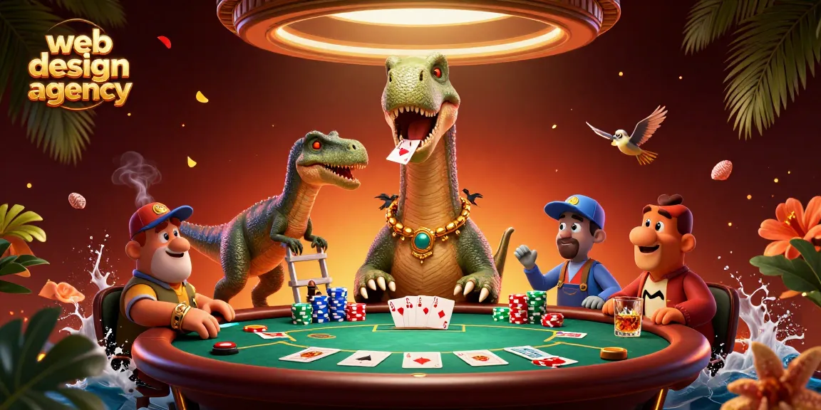 Engaging scene of a web design agency themed poker room with characters dealing cards and vibrant casino elements.