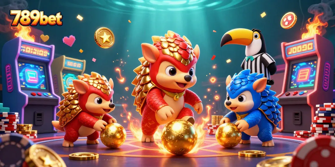 Play exciting games at 789bet with pangolin mascots bowling through poker chips and golden balls.