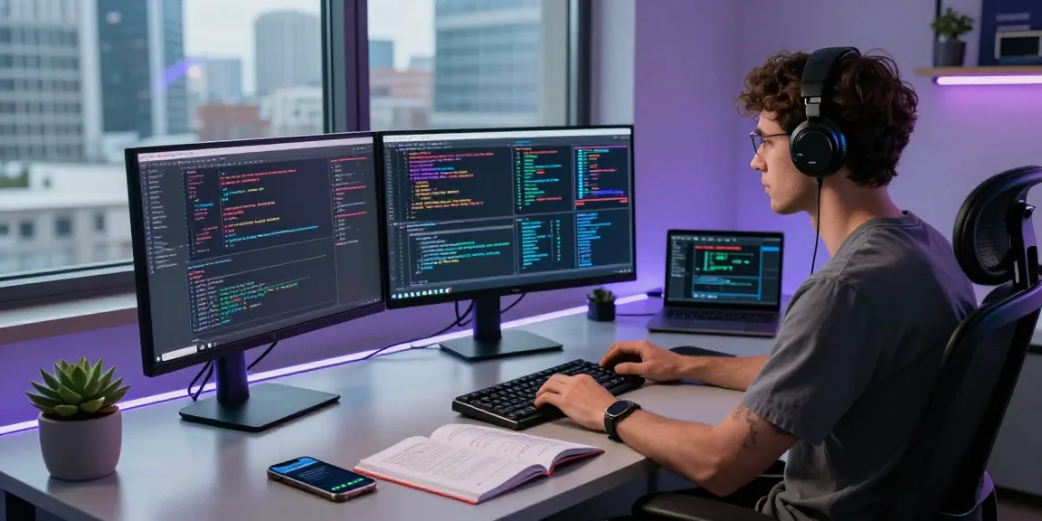 A developer immersed in coding at a modern workspace showcases cika4d software coding environment with vibrant displays and tech accessories.