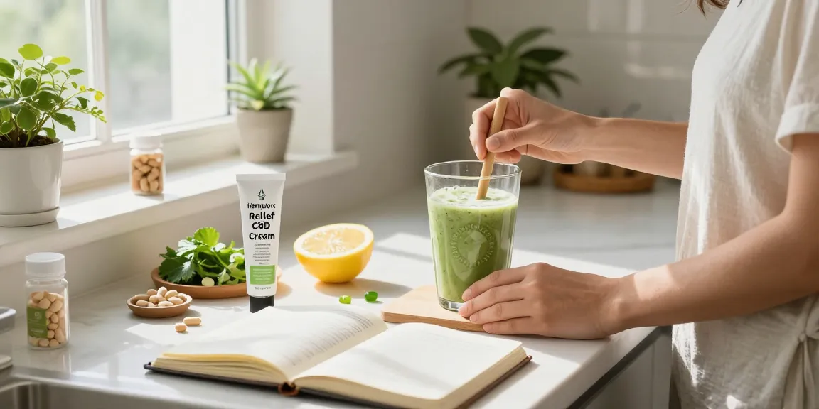Hempworx Relief CBD Cream displayed in a wellness routine scene with fresh ingredients and supplements, promoting natural health.