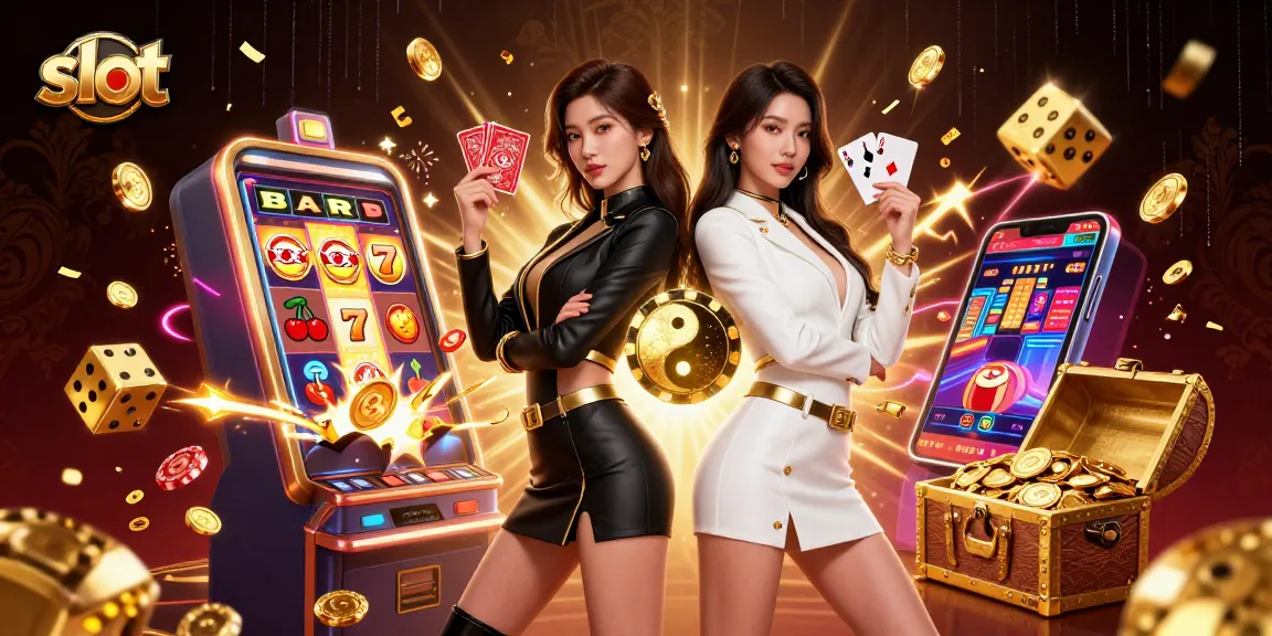 Engage in thrilling slot action with striking twin models, vibrant casino atmosphere, jackpot excitement, and dynamic elements.