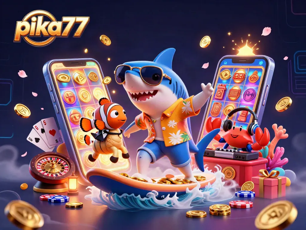 Experience the excitement with pika77, a vibrant 3D casino illustration featuring a shark and lively gaming elements.