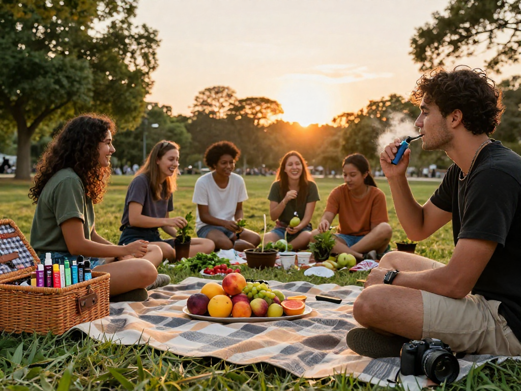 Experience premium Jungle Boys weed with organic vape devices in a vibrant outdoor wellness scene.