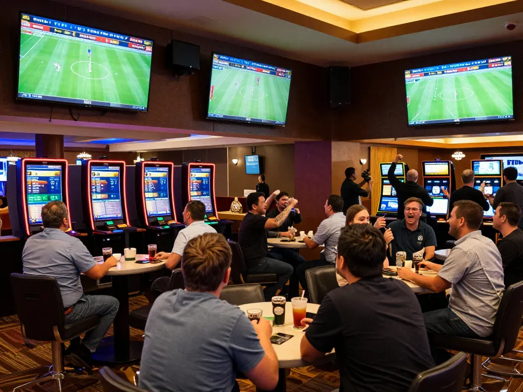Fans celebrating their nowgoals bets in a lively sports betting lounge, showcasing dynamic odds and match stats.
