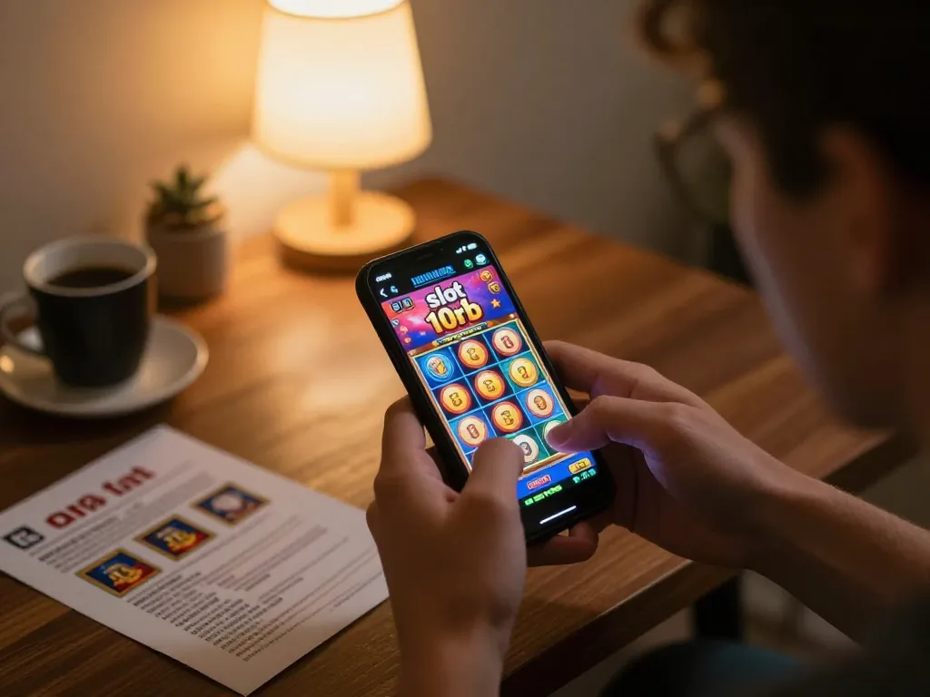 Player enjoying slot 10rb game on smartphone in cozy home setting