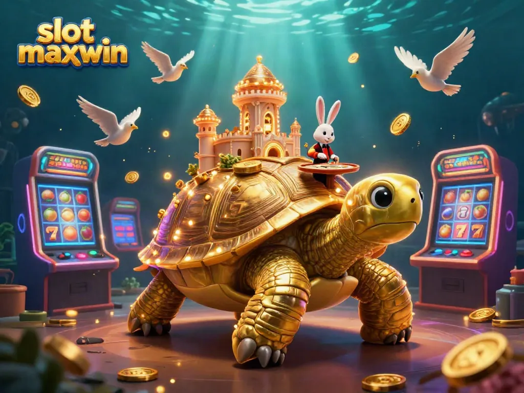 Spin to win with slot maxwin and golden tortoise casino palace surrounded by colorful slots.