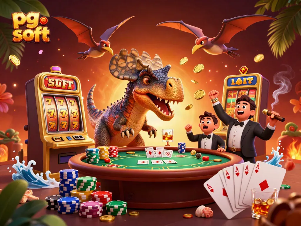Permainan jackpot dengan pg soft ditampilkan oleh dinosaurus kartun yang menarik perhatian di kasino.