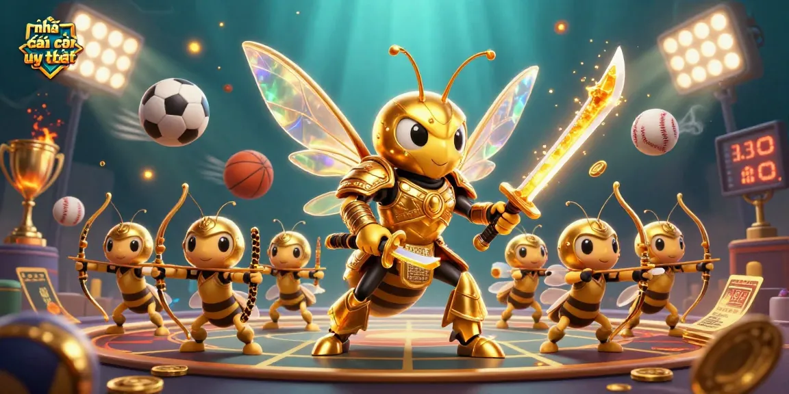 Engage with nhà cái uy tín in a vibrant scene featuring a golden hornet in samurai armor surrounded by dynamic sports elements.