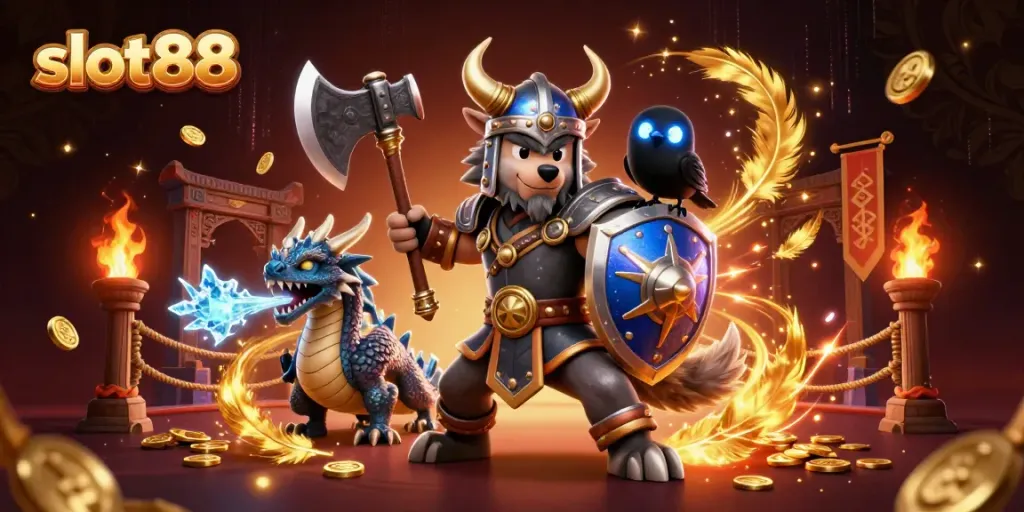 Slot88 gaming illustration featuring a Viking warrior, dragon, and raven amidst dynamic casino elements.