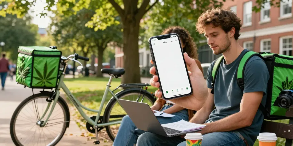 Order weed Milton Keynes through a vibrant urban delivery scene with a young adult checking their cannabis app.