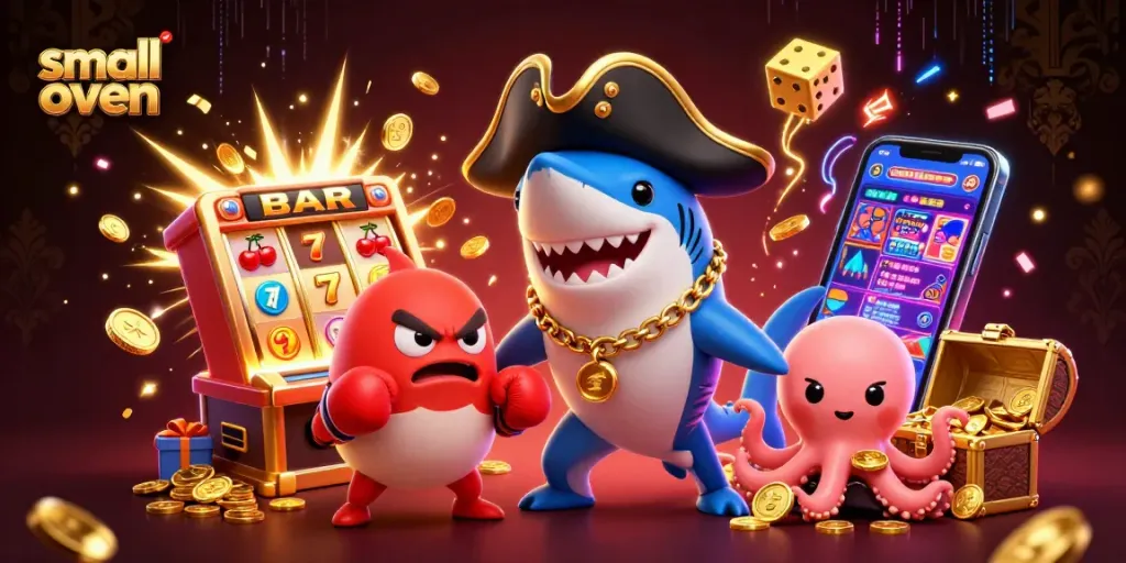 Spin the small oven jackpot, showcasing colorful symbols and coins in a vibrant casino scene