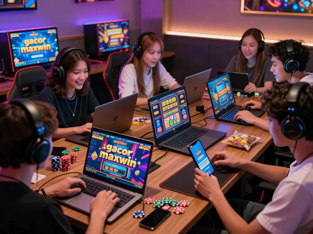 Exciting online gaming scene with players enjoying slot gacor maxwin on devices in a vibrant lounge atmosphere.