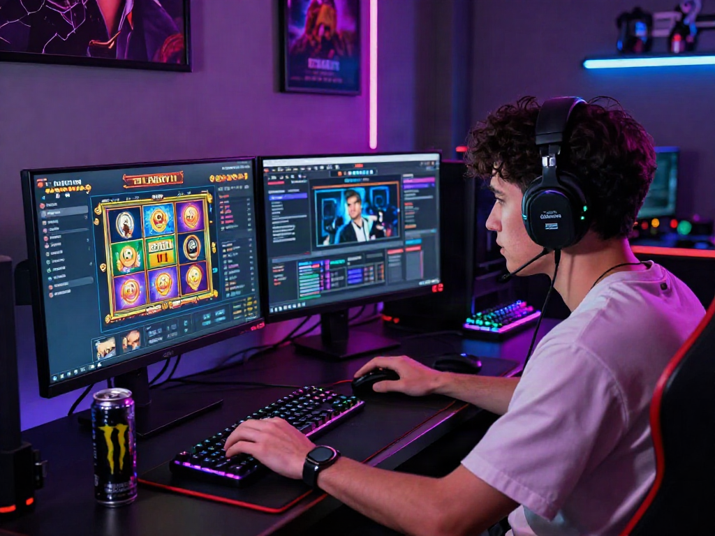 Situs LUXURY111: Gamer fokus di platform judi online dengan monitor berwarna cerah dan aksesori gaming modern