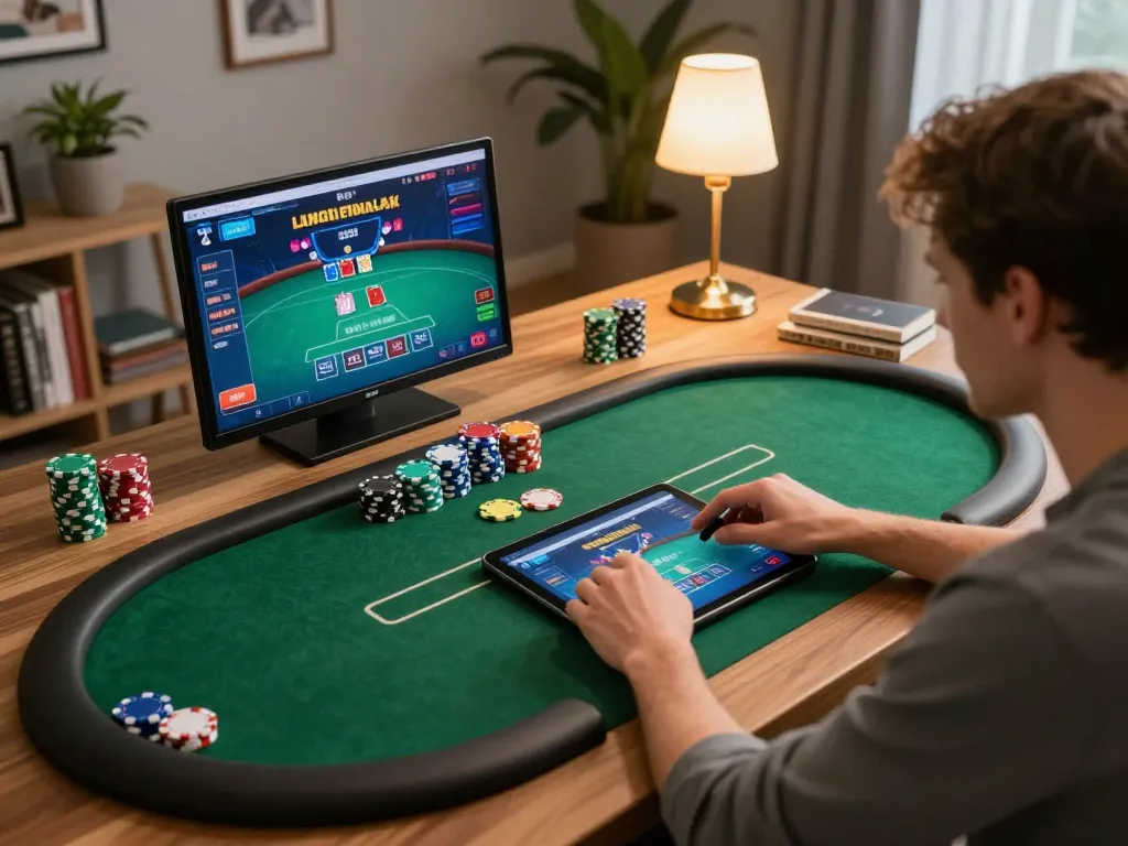Engaging poker gameplay on tablet showcasing S8 betting strategies in a cozy home environment.