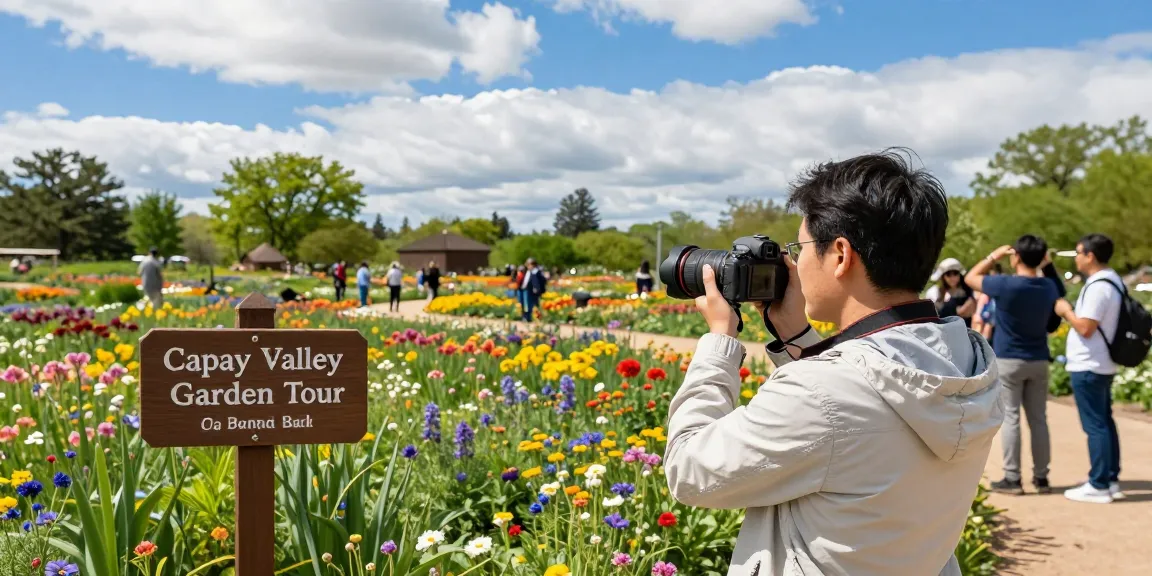 Discover the stunning beauty of Capay Valley Garden during peak season with vibrant flowers and cheerful tourists, explored with NAGA2000.
