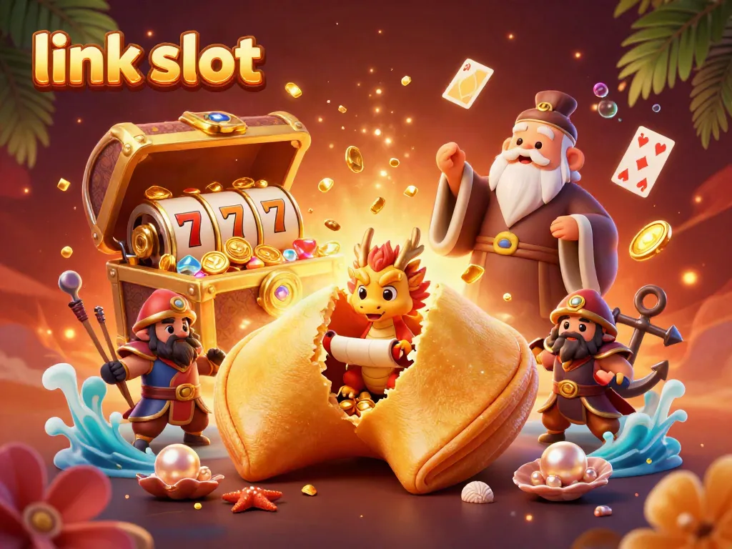Menggandeng link slot, gambar menampilkan karakter kasino menggoda dengan efek identik slot serta elemen permainan lainnya.