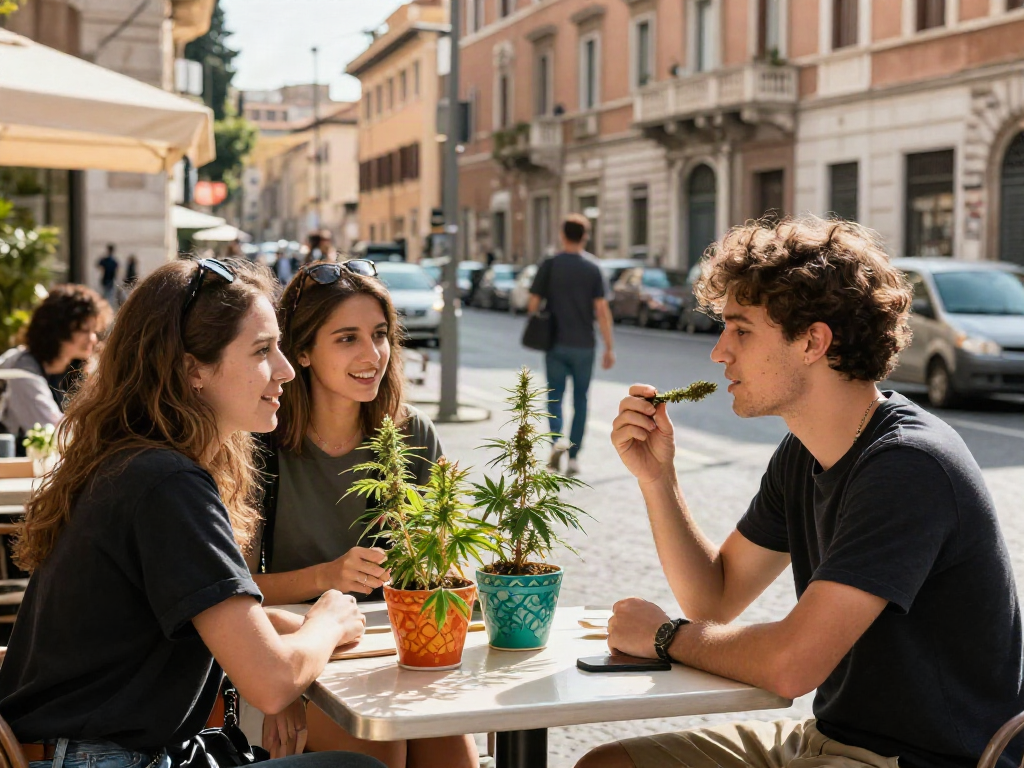 Weed Rome scene with friends enjoying cannabis conversation at outdoor café in historic urban setting