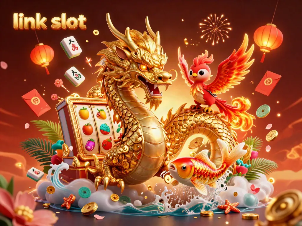Menangkan peluang di link slot dengan naga emas dan phoenix merah, dikelilingi koin keberuntungan.