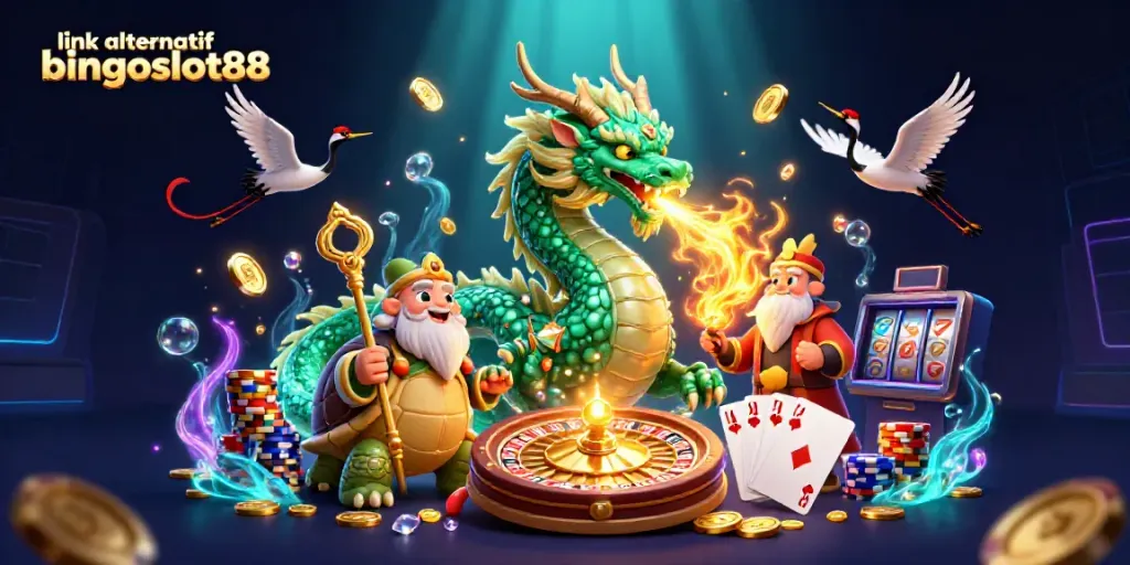 Gambarkan suasana kasino dengan link alternatif bingoslot88, naga hijau, dan uang emas.