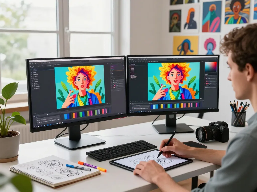 Artist using nano banana AI image editor in a bright studio, creating vibrant digital art.