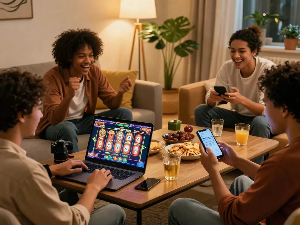 Group of friends enjoying luxury12 slot gaming with snacks and drinks in a cozy living room.