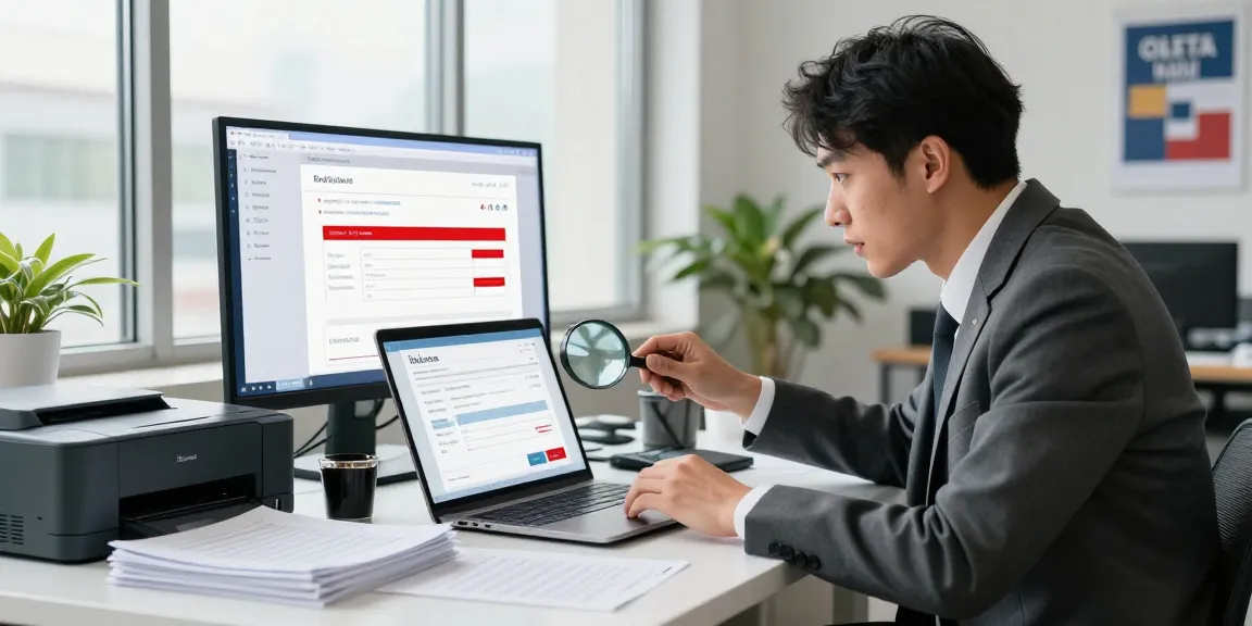 Detect fake invoice in a professional workspace with a businessperson analyzing a suspicious document using AI technology.