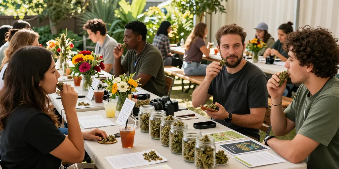Engaging scene of community members sampling flowers weed, surrounded by educational materials and natural greenery, symbolizing wellness.