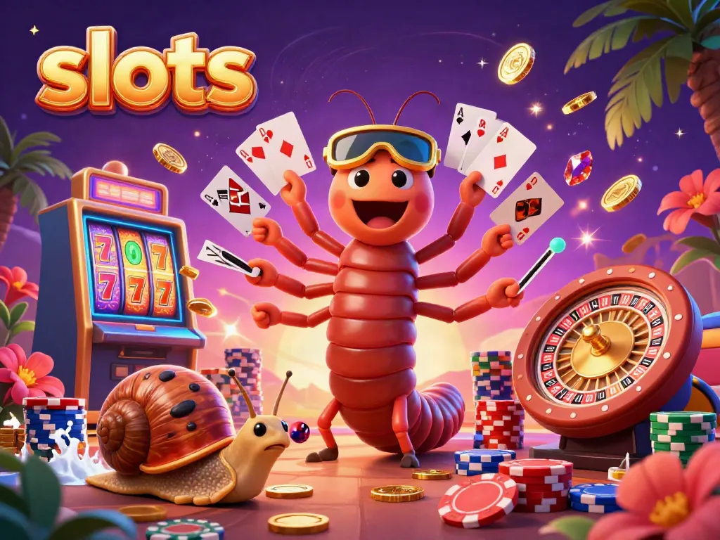 Experience the excitement of slots with a cartoon millipede dealer and vibrant gambling elements in a dazzling casino scene.
