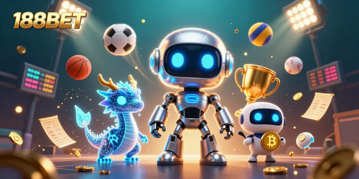 Experience dynamic betting excitement with 188BET in a captivating casino illustration featuring robots and sports elements.