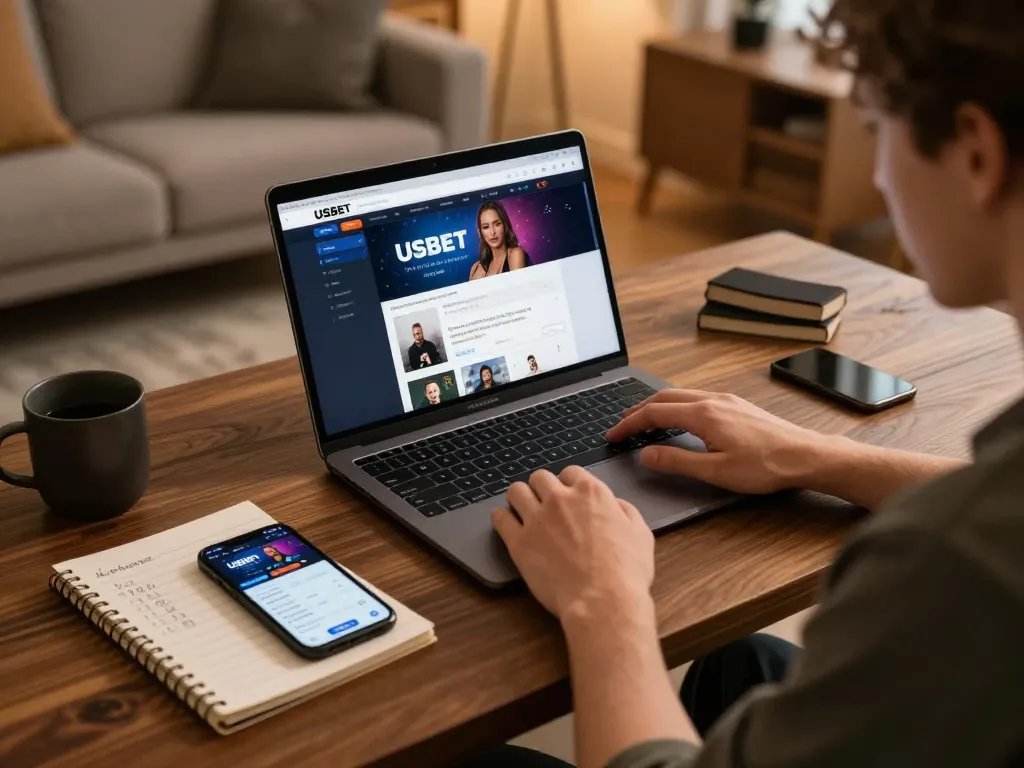 Engaging with USBET on a laptop for online gambling strategies in a cozy setup.