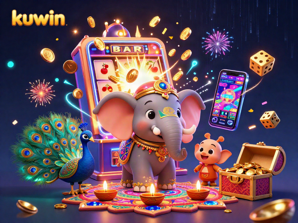 Spin and win at Kuwin's vibrant casino with a dazzling 3D illustration of an elephant and peacock.