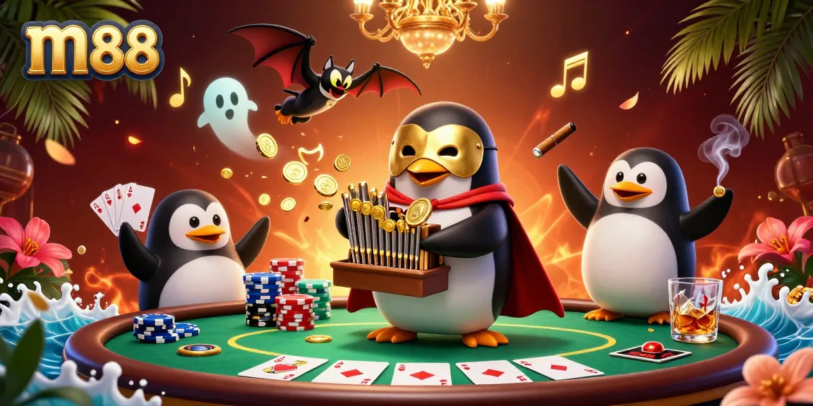 Experience thrilling gameplay at m88 with a lively casino scene full of poker, gold coins, and vibrant action.