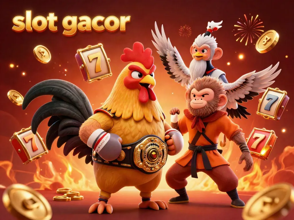 Experience the excitement of slot gacor with animated characters in a vibrant casino scene filled with gold coins and slot reels.