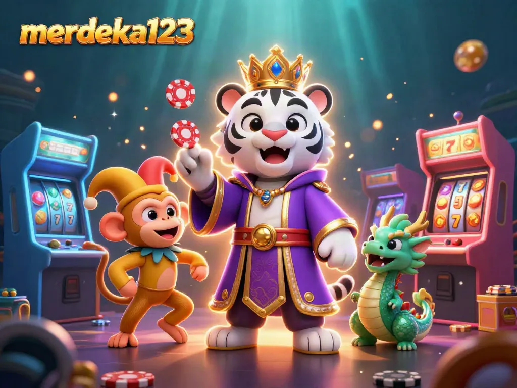 Rasakan pengalaman bermain merdeka123 di portal kasino dengan penguin yang mengenakan jubah ungu dan monyet emas yang juggles chip poker.
