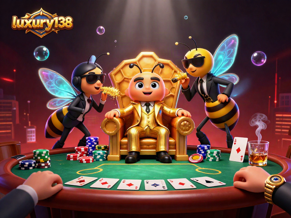 Luxury138 mengatur permainan poker dengan karakter 3D berwarna cerah di latar belakang kasino.