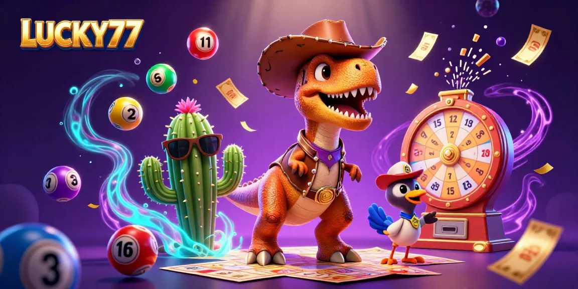 Experience thrilling LUCKY77 moments with T-Rex, cactus, and roadrunner in vibrant casino illustration.
