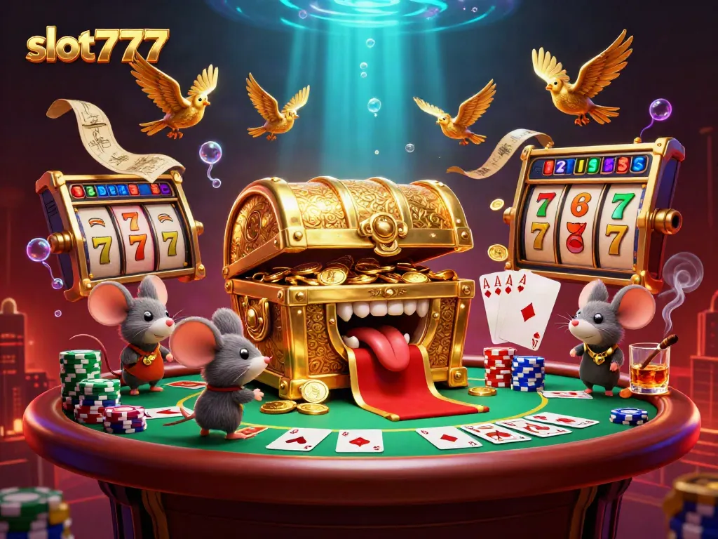 Permainan slot777 yang menarik dengan berbagai elemen kasino dan karakter menarik.