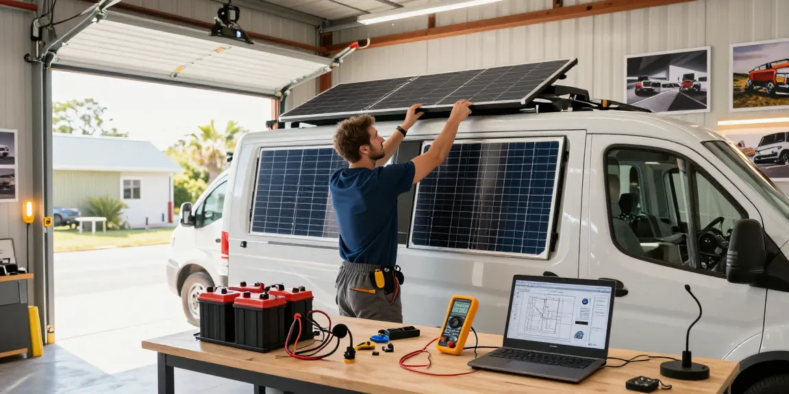 Expert builder working on rokok88 login camper van electrification project in modern workshop
