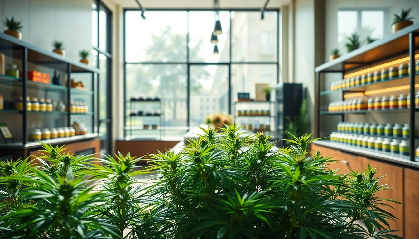 Browse an elegant online pot shop showcasing vibrant cannabis products in a modern setting.
